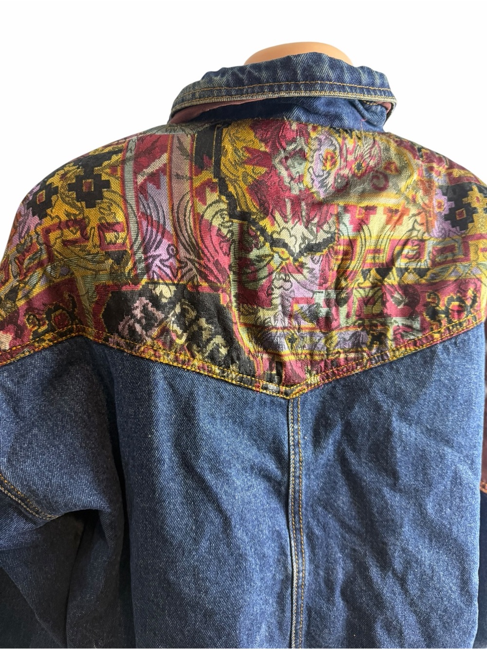 Vintage Weathered Blues Denim Jacket tapestry Patchwork - Picture 4 of 11